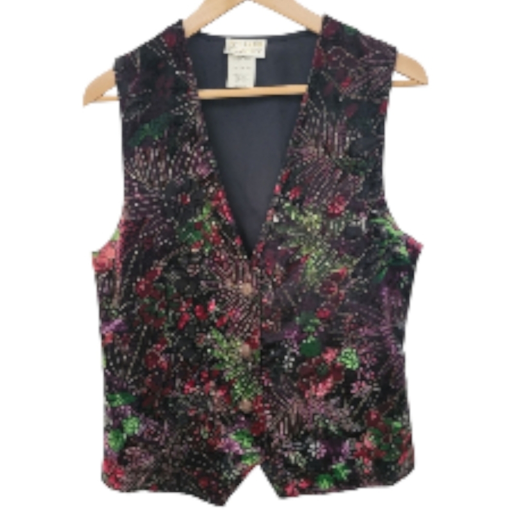 Vintage Floral Burned Velvet Festive Christmas Vest Black Burgundy Burnout Sz. M